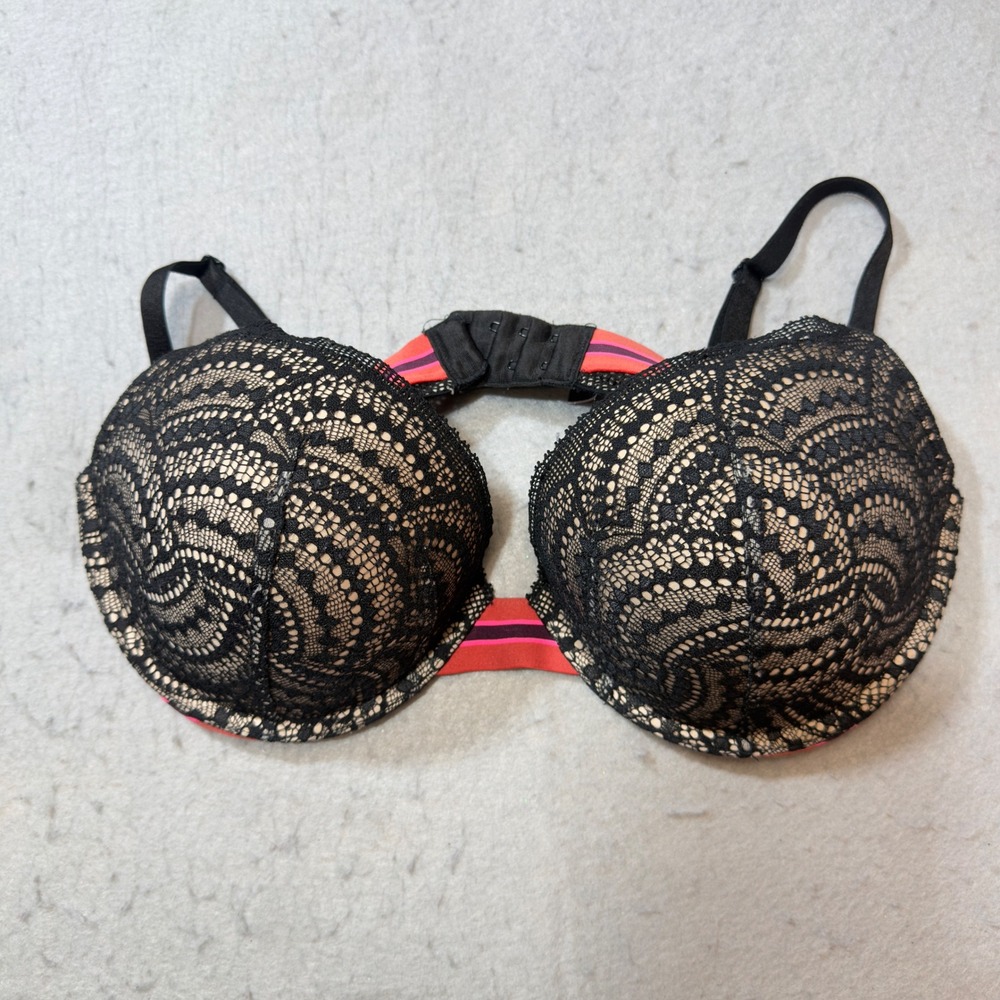 Victoria's Secret Push-Up Bra‎ Womens 36D Black Pink Good Lace Striped Underwire